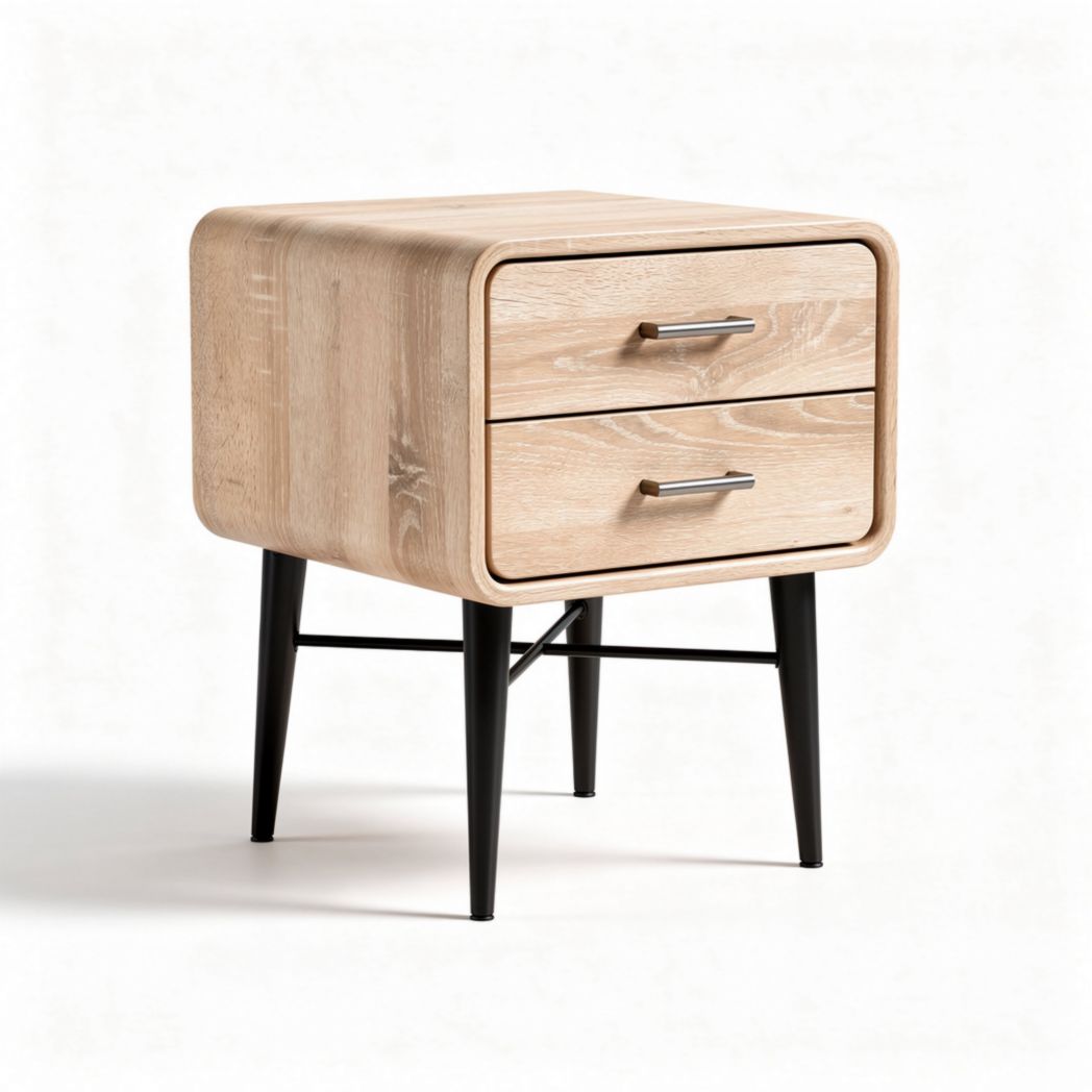 Table de chevet en bois avec deux tiroirs et pieds en métal noir 60 x 40 x 50cm