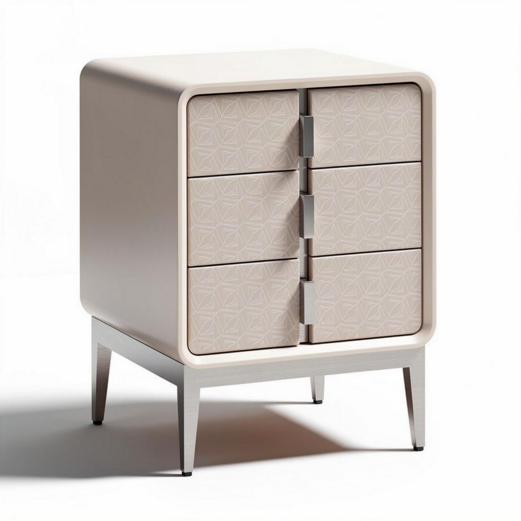 Table de chevet en bois avec trois tiroirs et finition beige, dimensions 40 x 40 x 60cm