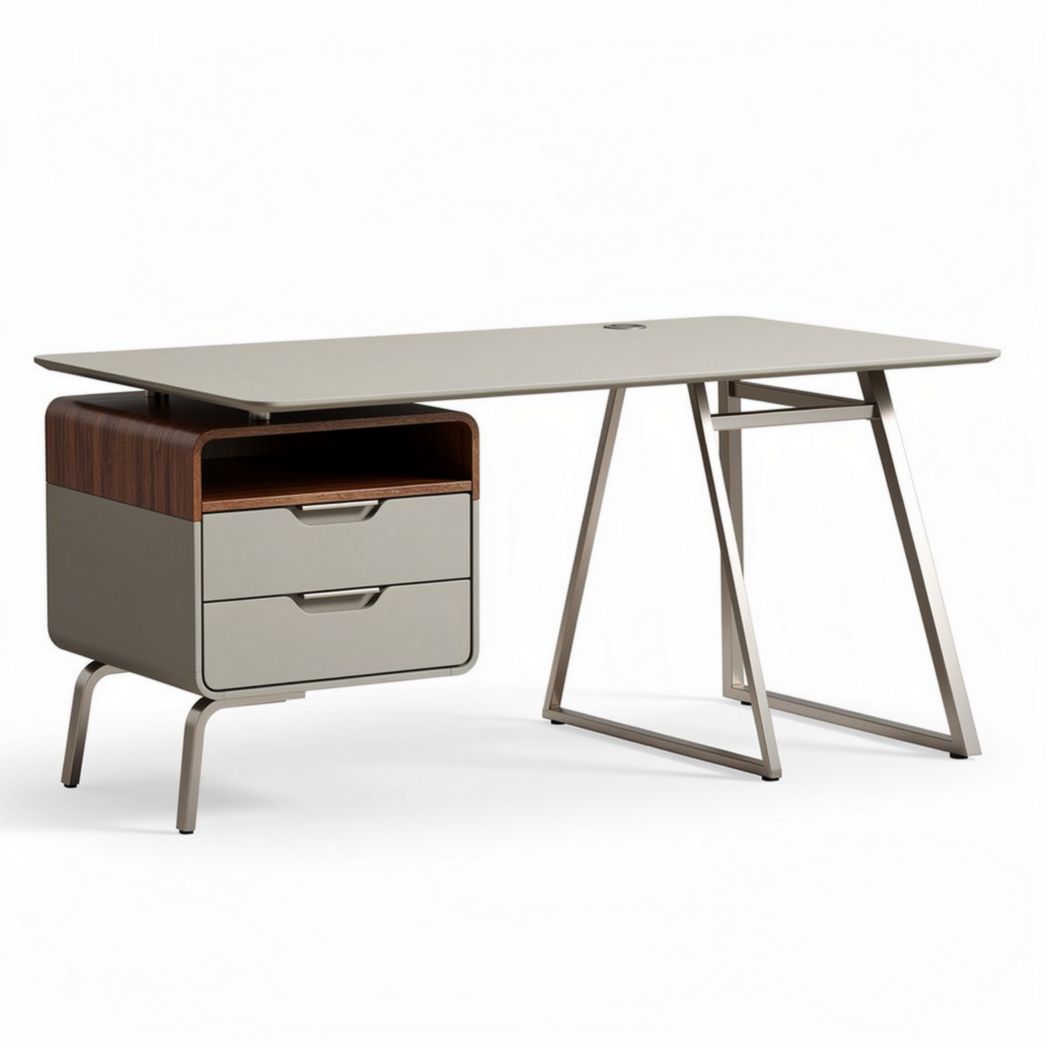 Bureau en bois et métal avec tiroirs 150 x 70 x 75cm gris et marron