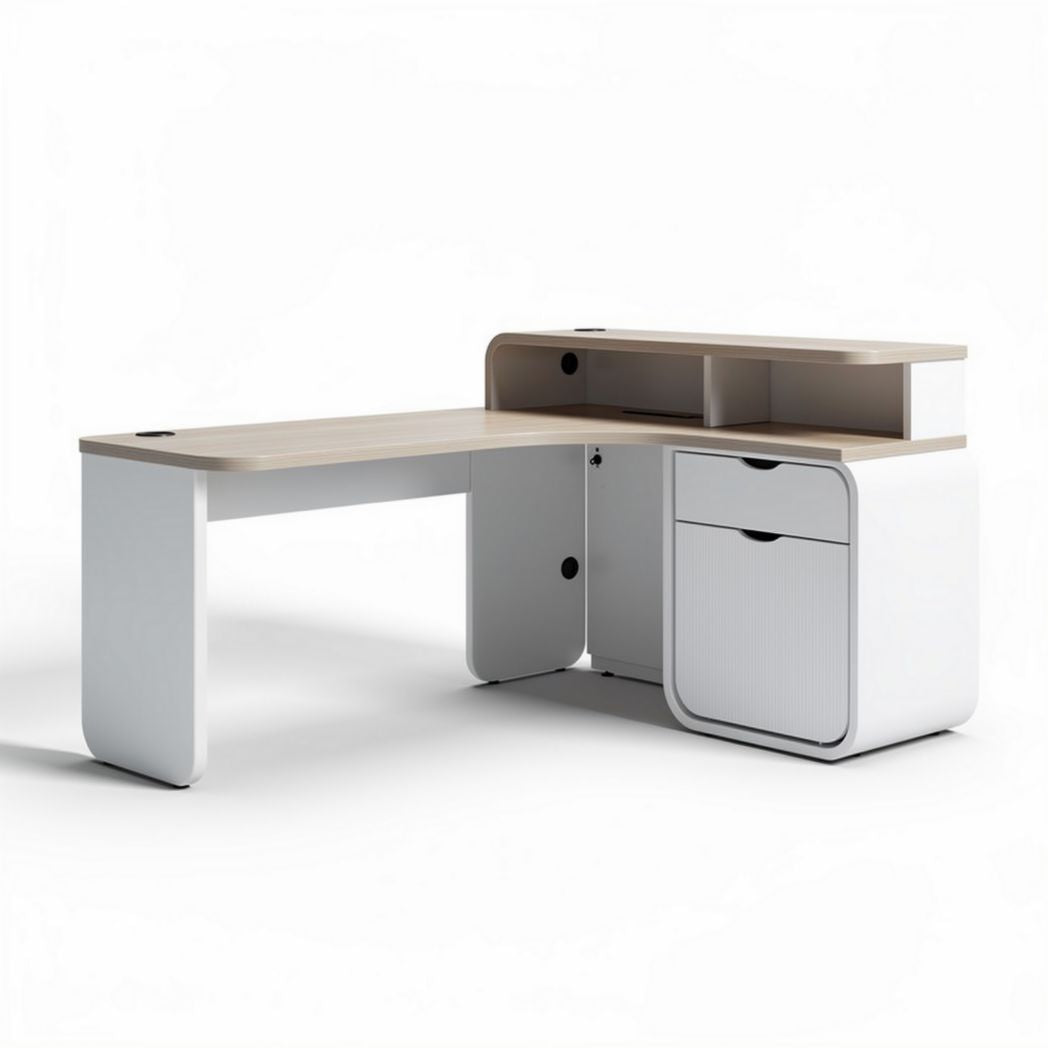 Bureau d'angle en bois et métal blanc avec rangement intégré 150 x 120 x 75cm