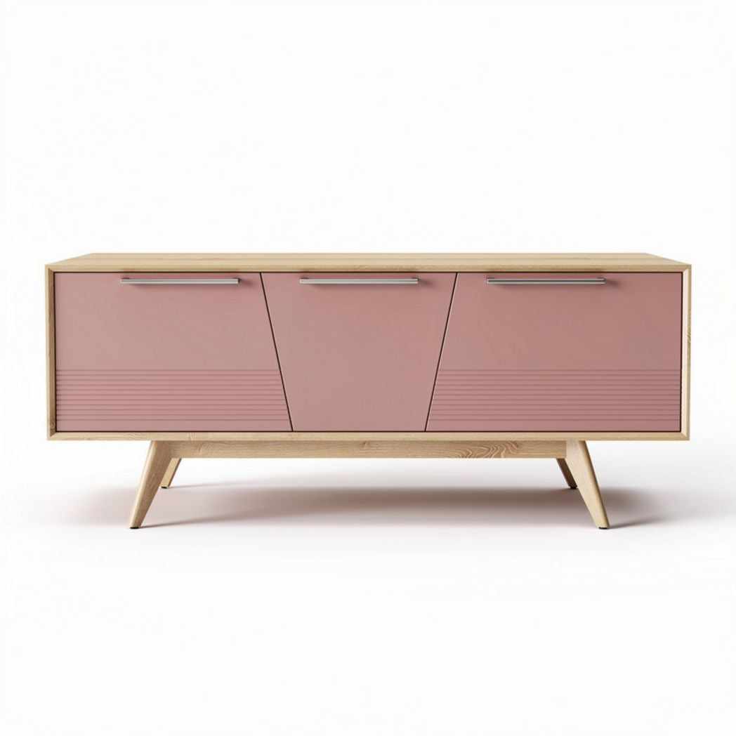 Meuble de rangement en bois avec portes roses et dimensions 120 x 40 x 70cm